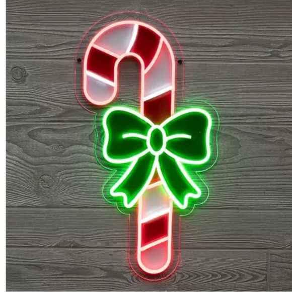 Festive Candy Cane Neon Light with Green Bow - Picture 1 of 5